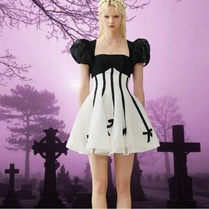 Black Ribbon Puff Sleeve Dress